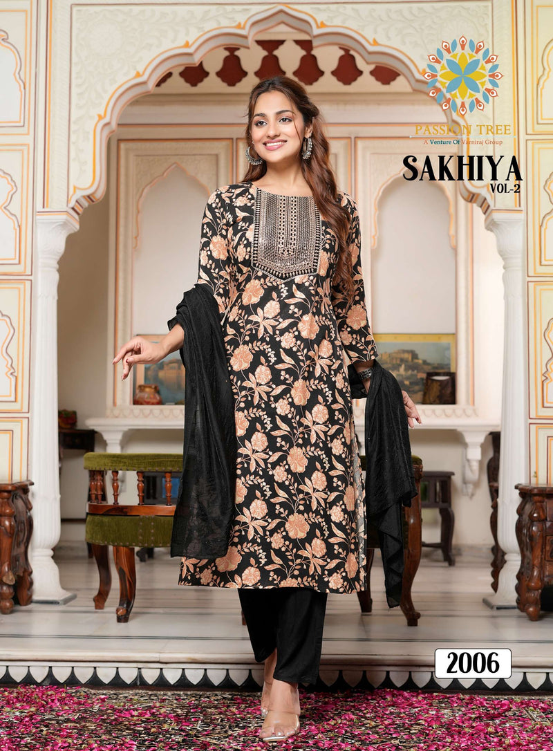 Passion Tree Sakhiya Vol 2 Rayon Fancy Embroidery Work Kurti Pant Dupatta Set