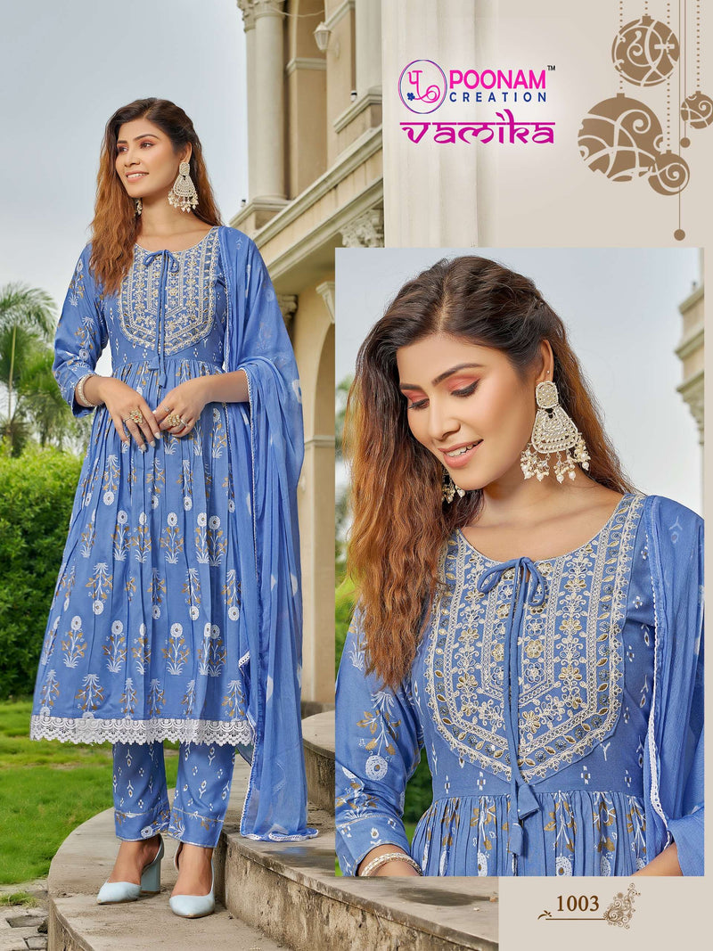 Poonam Creation Vamika Vol 2 Rayon Print Nyra Cut Casua Wear Kurti Pant Dupatta Set