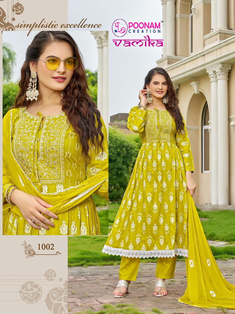 Poonam Creation Vamika Vol 2 Rayon Print Nyra Cut Casua Wear Kurti Pant Dupatta Set