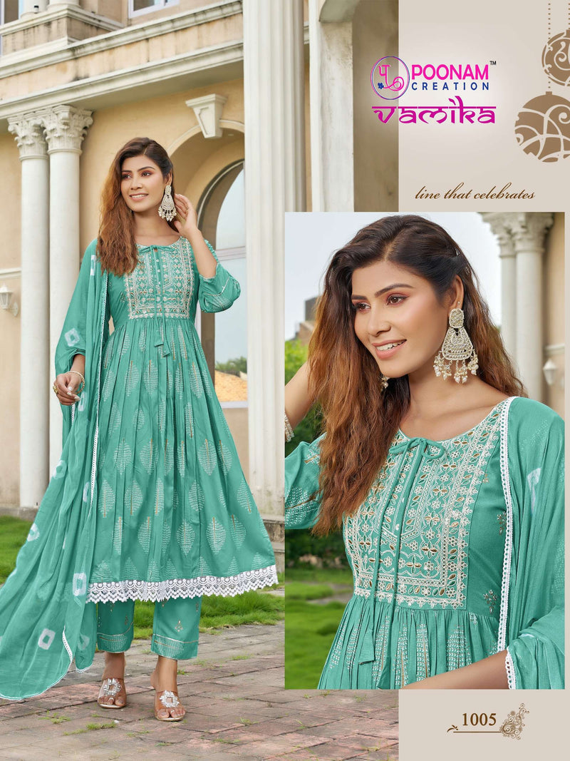 Poonam Creation Vamika Vol 2 Rayon Print Nyra Cut Casua Wear Kurti Pant Dupatta Set