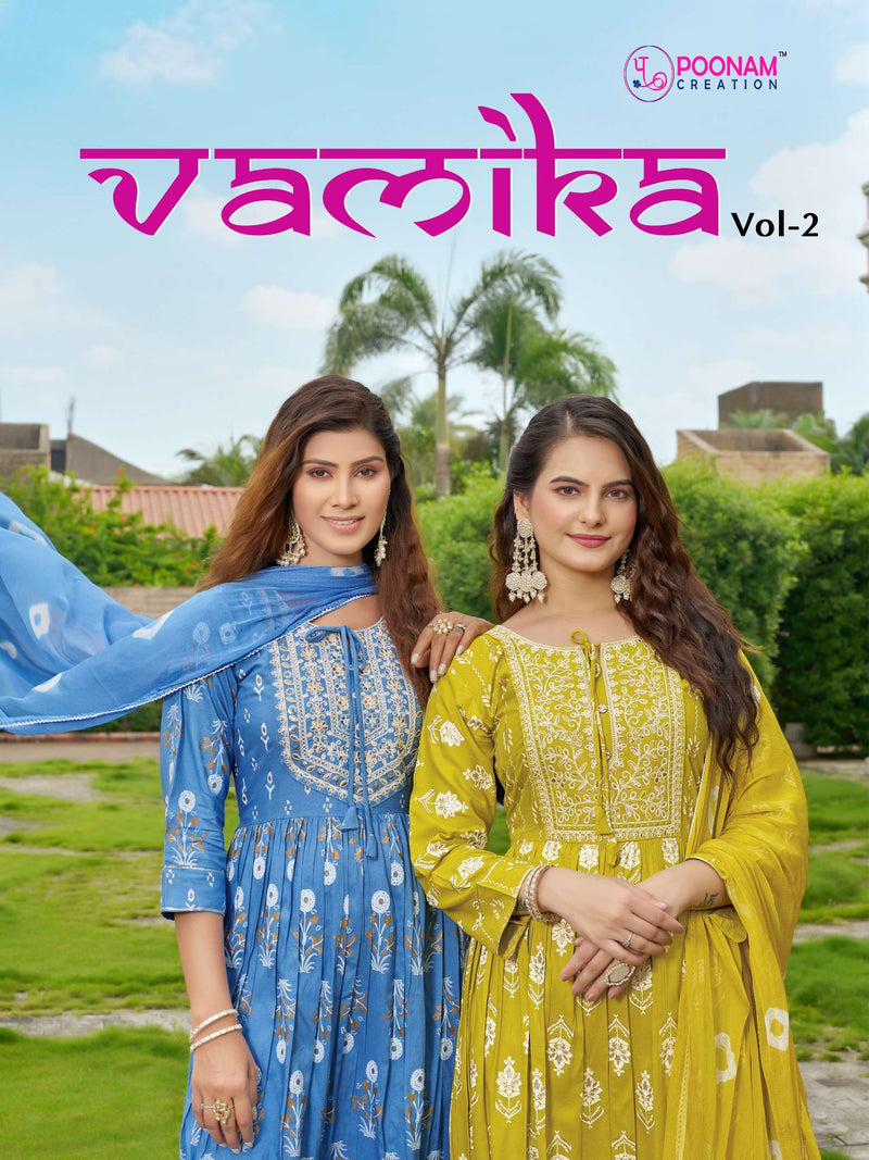 Poonam Creation Vamika Vol 2 Rayon Print Nyra Cut Casua Wear Kurti Pant Dupatta Set