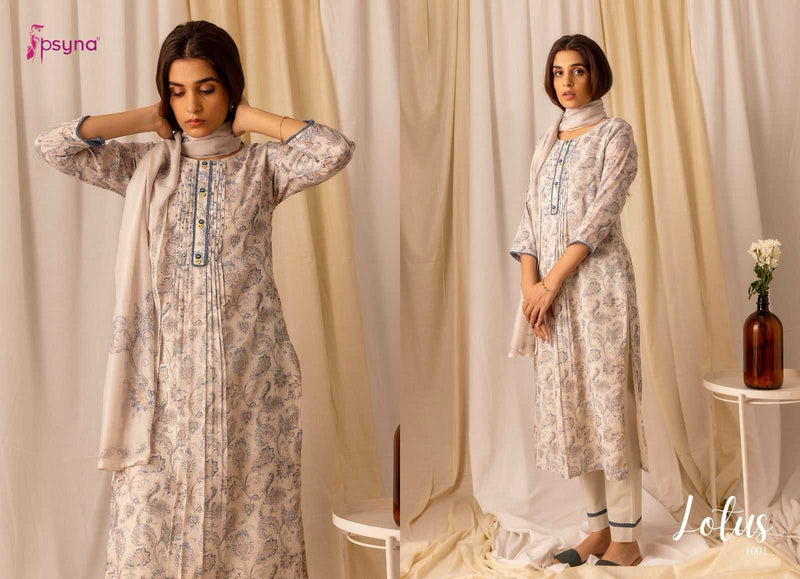 Psyna Lotus Linen Floral Print Casual Wear Kurti With Pant Mal Mal Dupatta Set