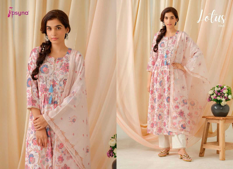 Psyna Lotus Linen Floral Print Casual Wear Kurti With Pant Mal Mal Dupatta Set