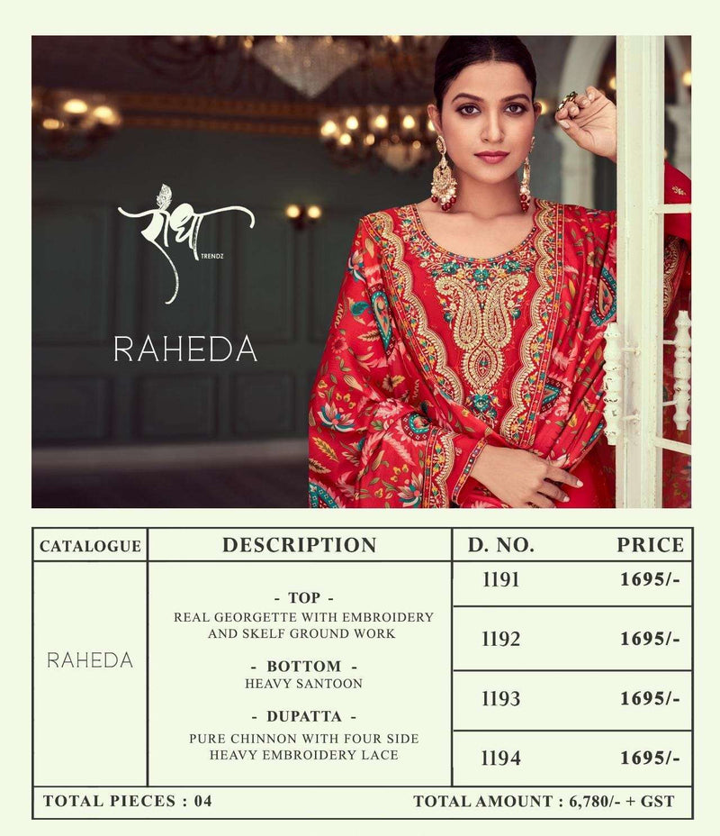 Radha Trendz Raheda Georgette With Embroidery And Skelf Ground Work Unstitched Heavy Salwar Suit