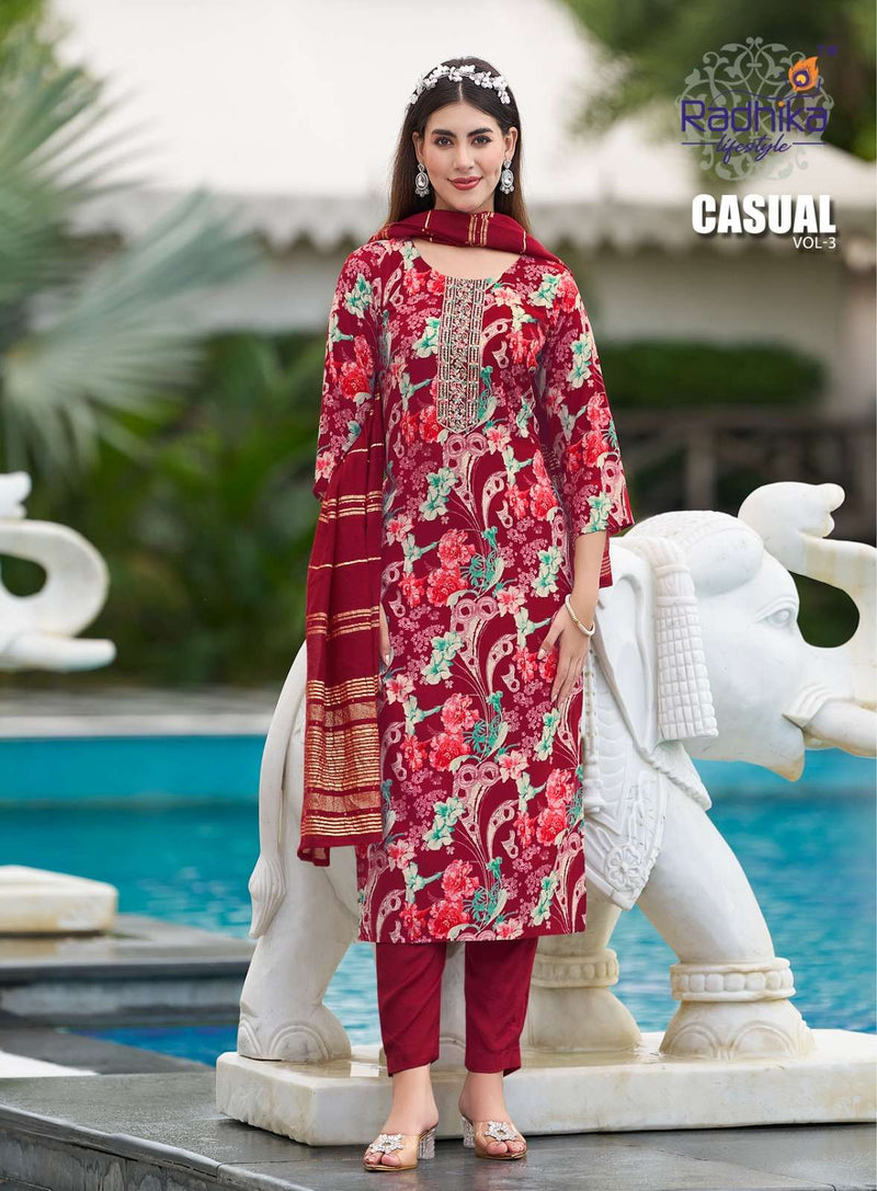 Radhika Lifestyle Casual Vol 3 Rayon Embroidery Work Casual Wear Kurti Pant Dupatta Set