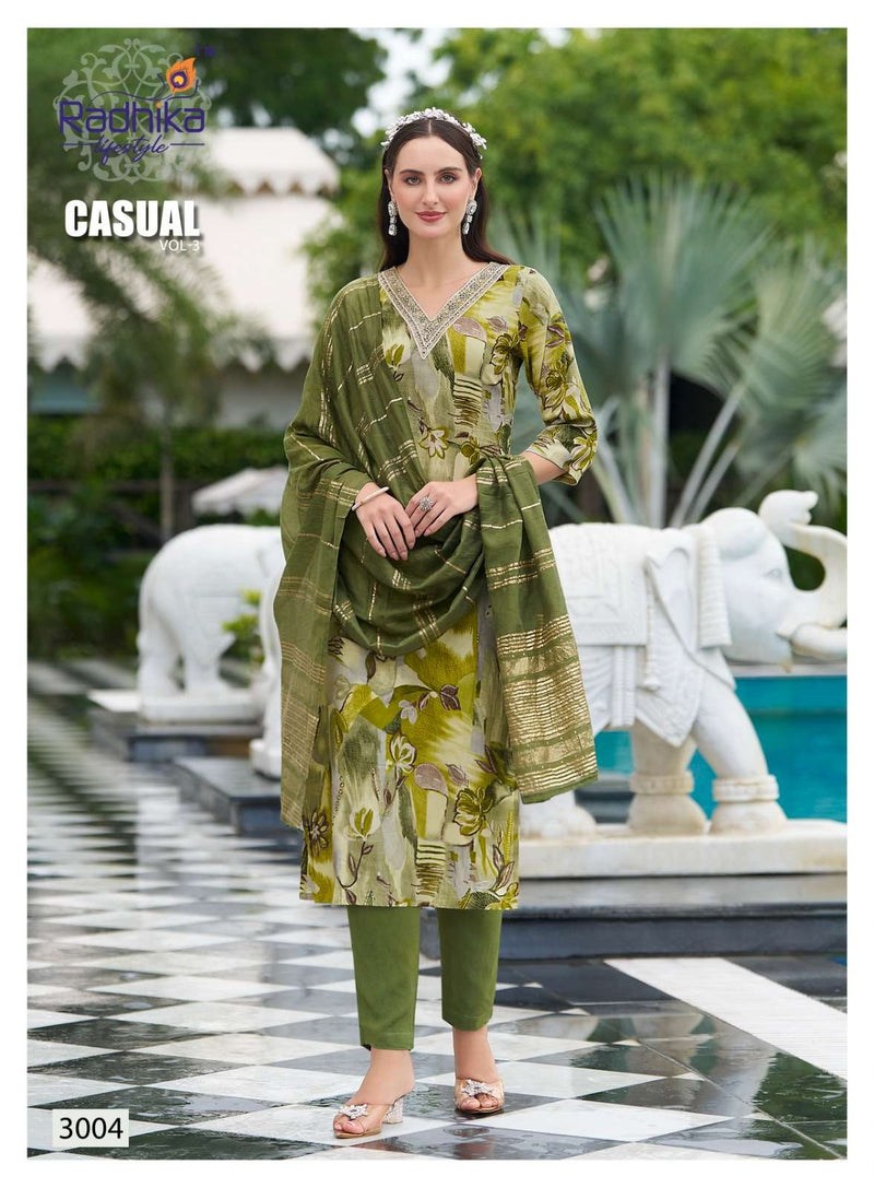 Radhika Lifestyle Casual Vol 3 Rayon Embroidery Work Casual Wear Kurti Pant Dupatta Set