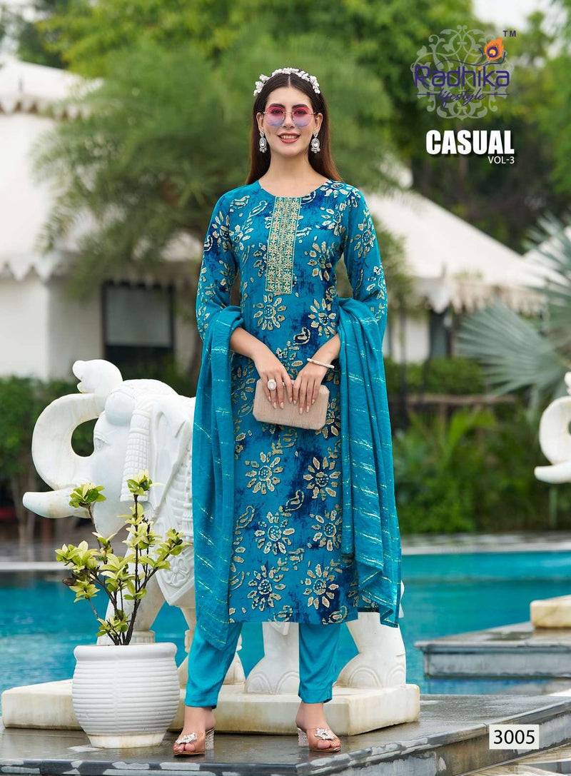 Radhika Lifestyle Casual Vol 3 Rayon Embroidery Work Casual Wear Kurti Pant Dupatta Set