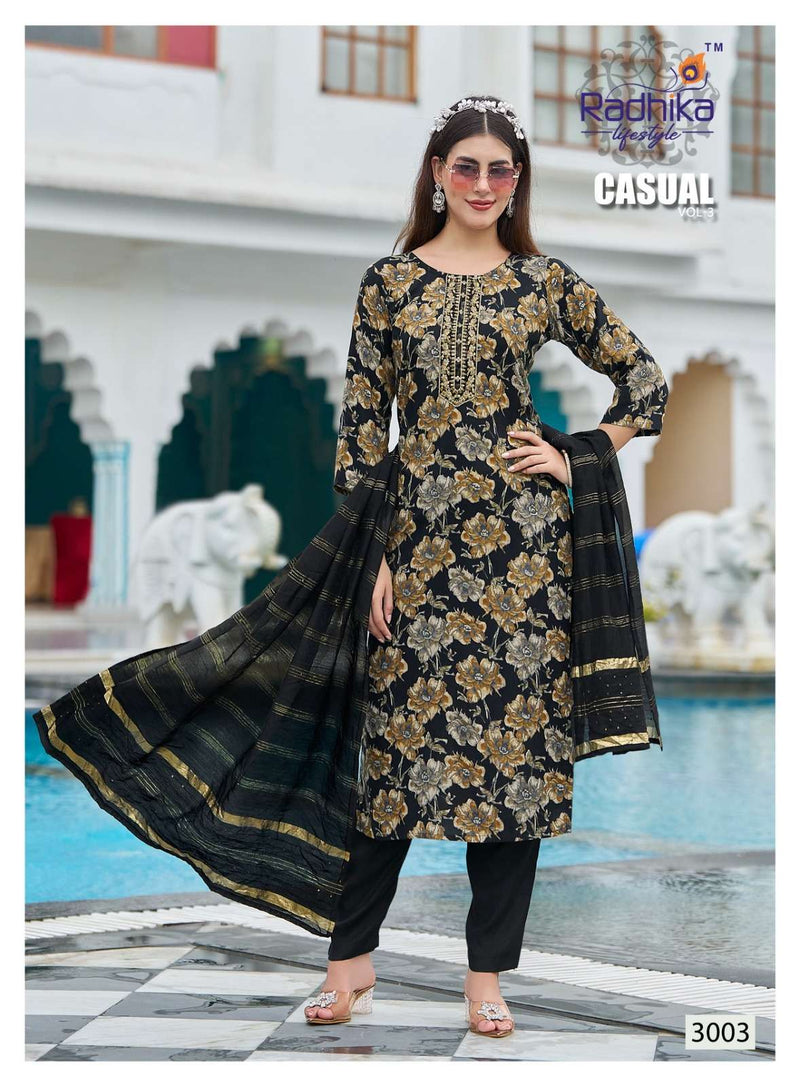 Radhika Lifestyle Casual Vol 3 Rayon Embroidery Work Casual Wear Kurti Pant Dupatta Set