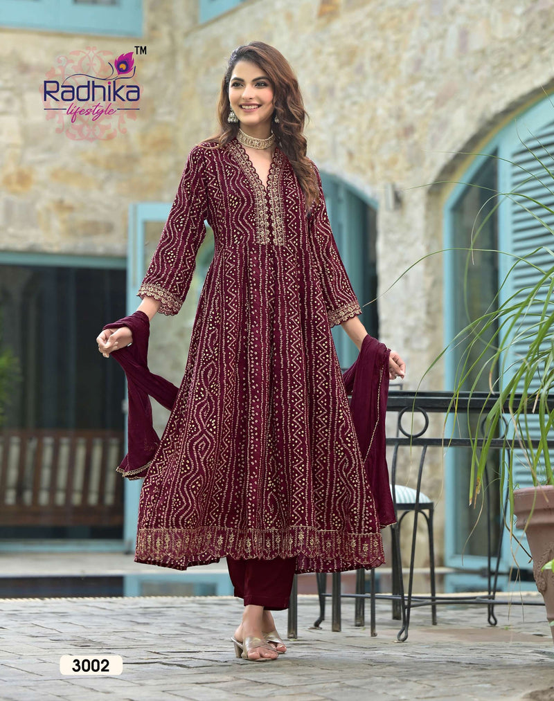 Radhika Lifestyle Anarkali Vol 3 Rayon Foil Print Embroidery Work Kurti Pant Dupatta Set