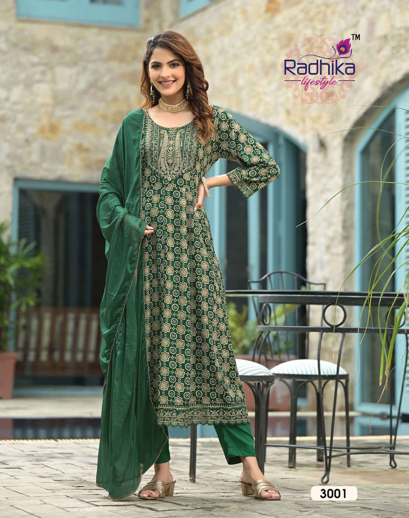 Radhika Lifestyle Anarkali Vol 3 Rayon Foil Print Embroidery Work Kurti Pant Dupatta Set