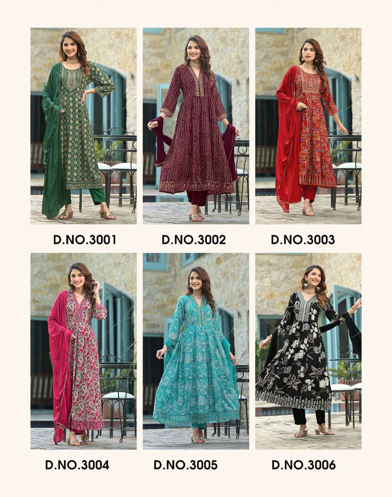 Radhika Lifestyle Anarkali Vol 3 Rayon Foil Print Embroidery Work Kurti Pant Dupatta Set