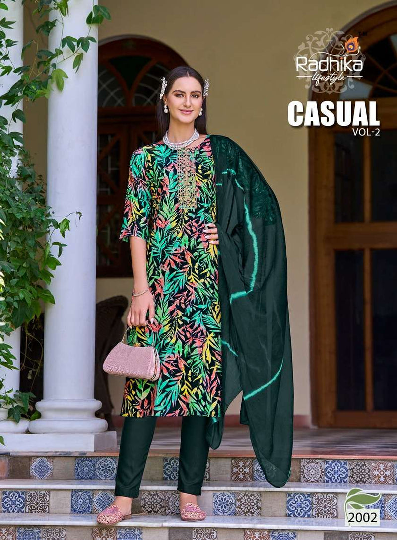 Radhika Lifestyle Casual Vol 2 Heavy Reyon Foil Print With Embroidery Work Fancy Kurti