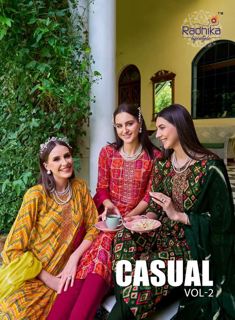 Radhika Lifestyle Casual Vol 2 Heavy Reyon Foil Print With Embroidery Work Fancy Kurti