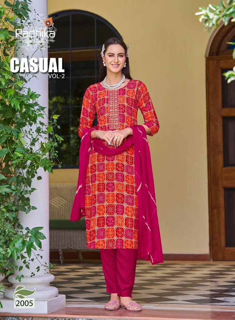 Radhika Lifestyle Casual Vol 2 Heavy Reyon Foil Print With Embroidery Work Fancy Kurti