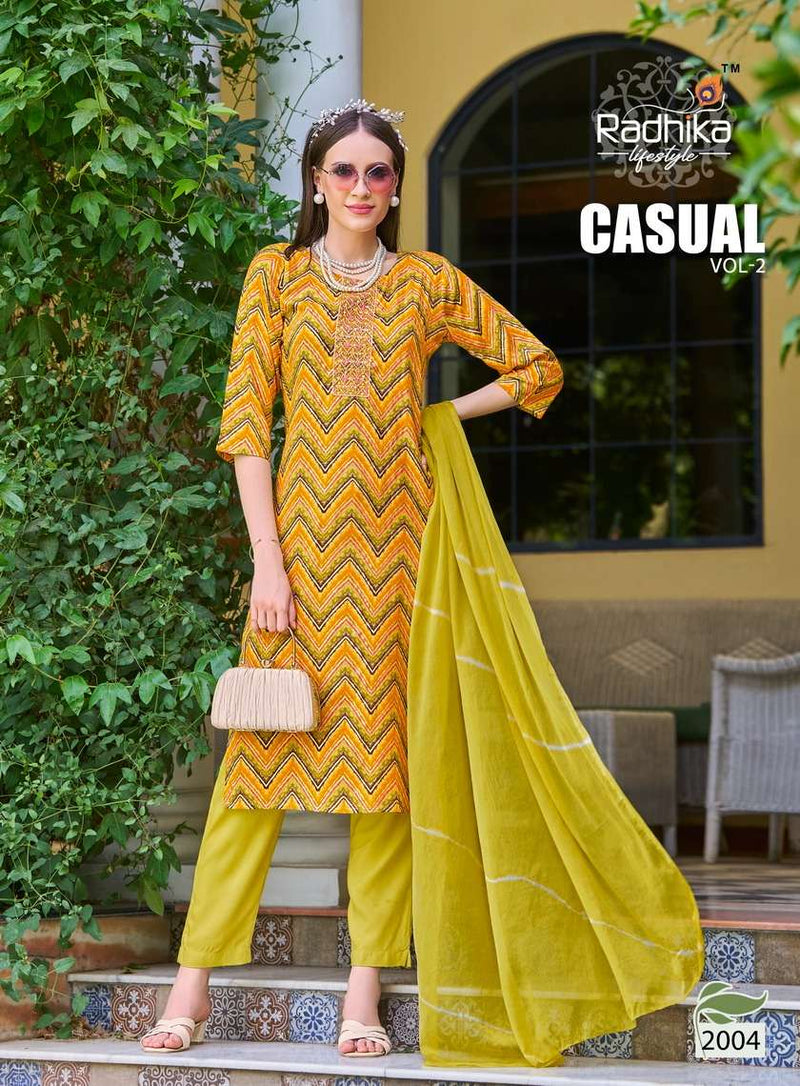 Radhika Lifestyle Casual Vol 2 Heavy Reyon Foil Print With Embroidery Work Fancy Kurti