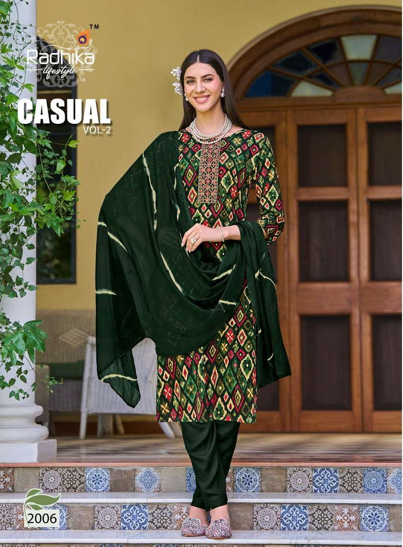 Radhika Lifestyle Casual Vol 2 Heavy Reyon Foil Print With Embroidery Work Fancy Kurti