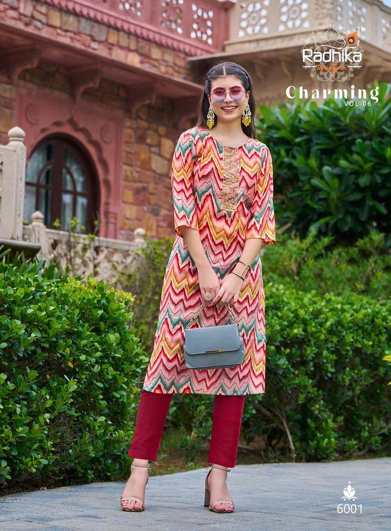 Radhika Lifestyle Charming Vol 6 Rayon Chanderi Work Fancy Designer Kurti