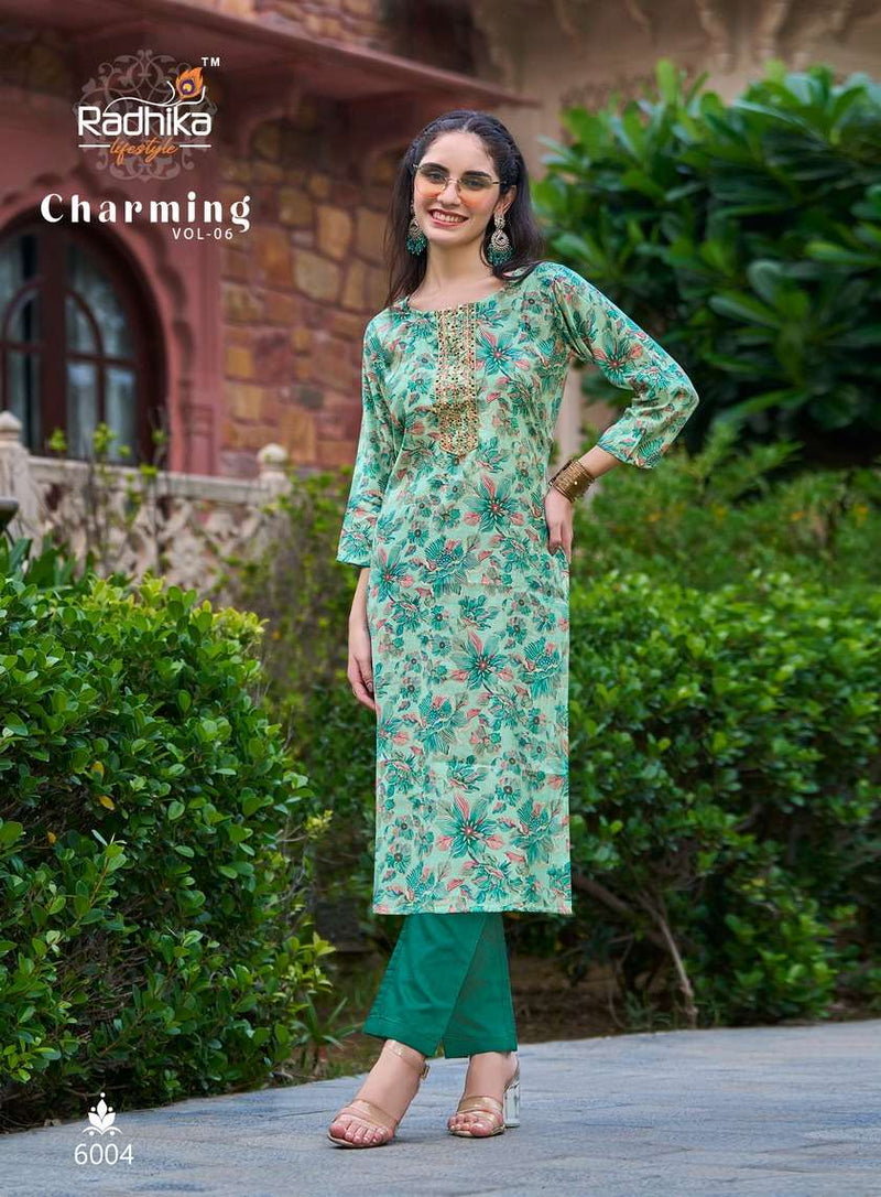 Radhika Lifestyle Charming Vol 6 Rayon Chanderi Work Fancy Designer Kurti