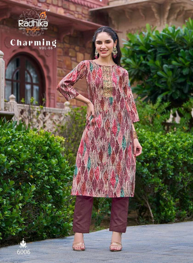 Radhika Lifestyle Charming Vol 6 Rayon Chanderi Work Fancy Designer Kurti