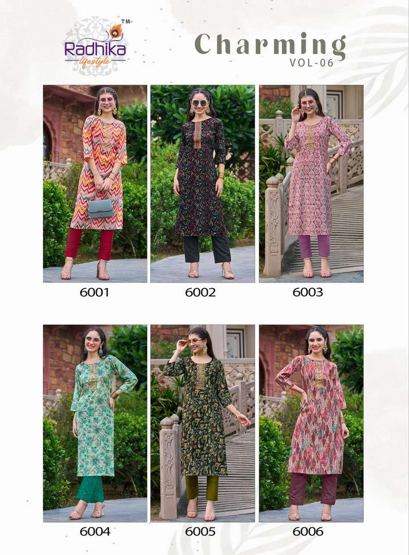 Radhika Lifestyle Charming Vol 6 Rayon Chanderi Work Fancy Designer Kurti