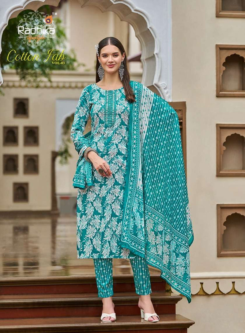 Radhika Lifestyle Cotton Fab Vol 3 Embroidery Work Daily Wear Kurti Pant Dupatta Set