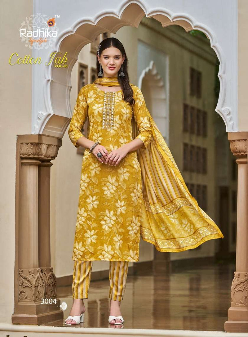 Radhika Lifestyle Cotton Fab Vol 3 Embroidery Work Daily Wear Kurti Pant Dupatta Set