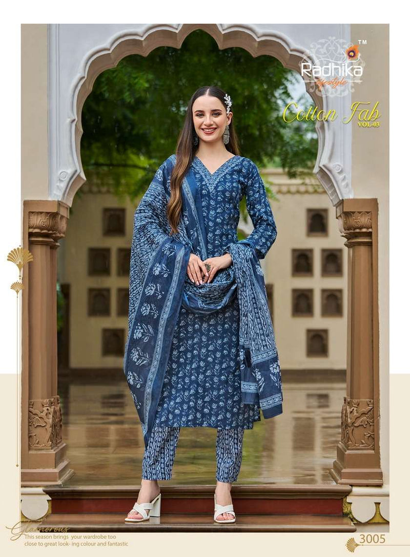 Radhika Lifestyle Cotton Fab Vol 3 Embroidery Work Daily Wear Kurti Pant Dupatta Set