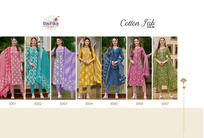 Radhika Lifestyle Cotton Fab Vol 3 Embroidery Work Daily Wear Kurti Pant Dupatta Set