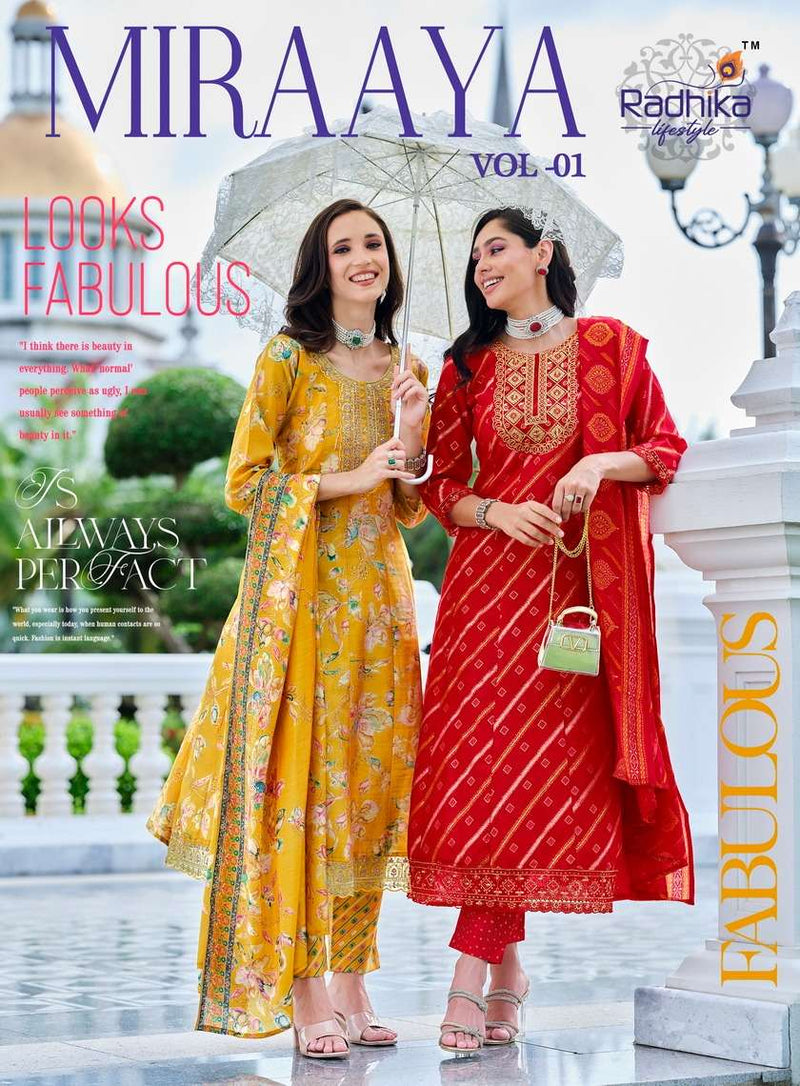 Radhika Lifestyle Miraaya Vol 1 Silk Festiv Wear Kurti Pant Dupatta Set