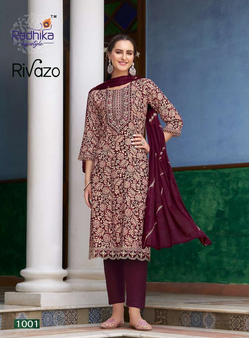 Radhika Lifestyle Rivazo Vol 1 Rayon Foil Print Embroidery Work Kurti With Chiffon Dupptta