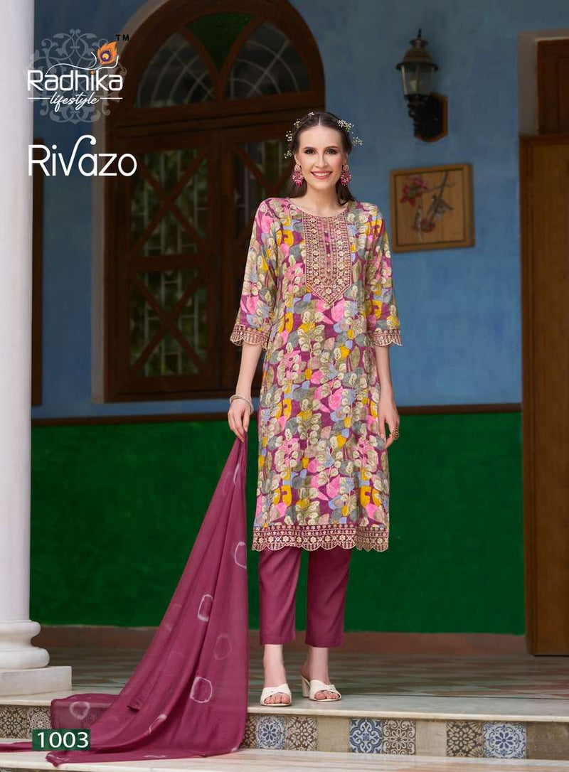 Radhika Lifestyle Rivazo Vol 1 Rayon Foil Print Embroidery Work Kurti With Chiffon Dupptta