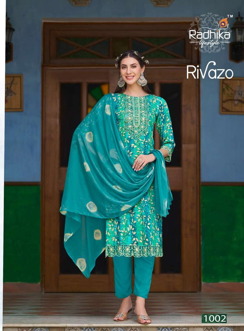 Radhika Lifestyle Rivazo Vol 1 Rayon Foil Print Embroidery Work Kurti With Chiffon Dupptta