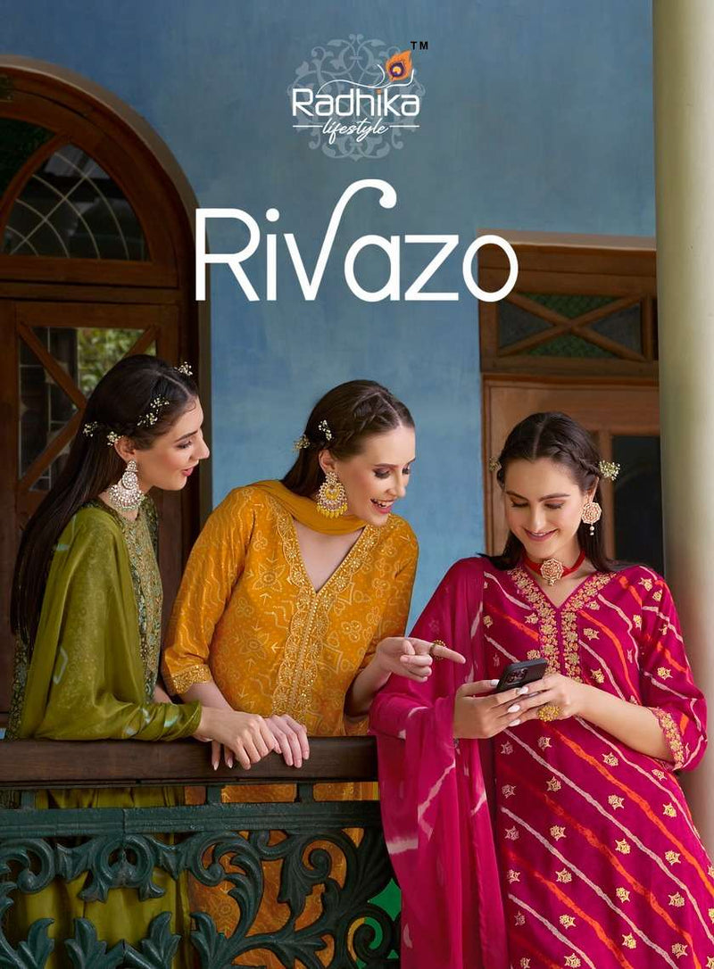 Radhika Lifestyle Rivazo Vol 1 Rayon Foil Print Embroidery Work Kurti With Chiffon Dupptta