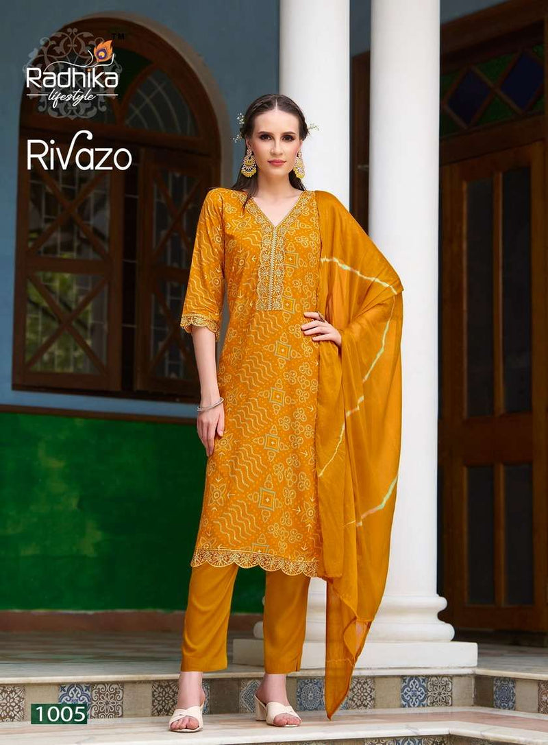 Radhika Lifestyle Rivazo Vol 1 Rayon Foil Print Embroidery Work Kurti With Chiffon Dupptta