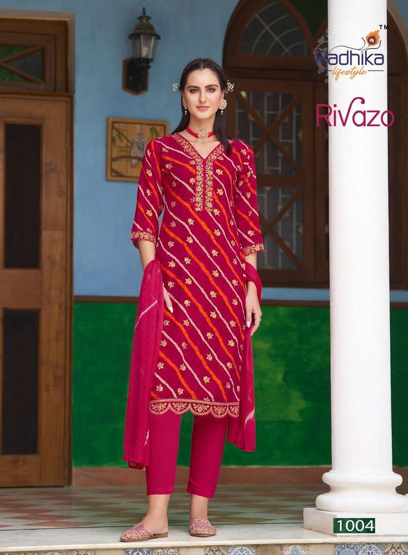 Radhika Lifestyle Rivazo Vol 1 Rayon Foil Print Embroidery Work Kurti With Chiffon Dupptta