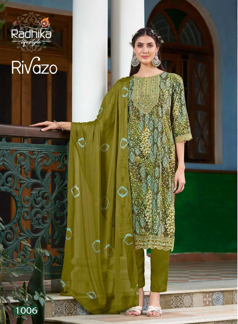 Radhika Lifestyle Rivazo Vol 1 Rayon Foil Print Embroidery Work Kurti With Chiffon Dupptta