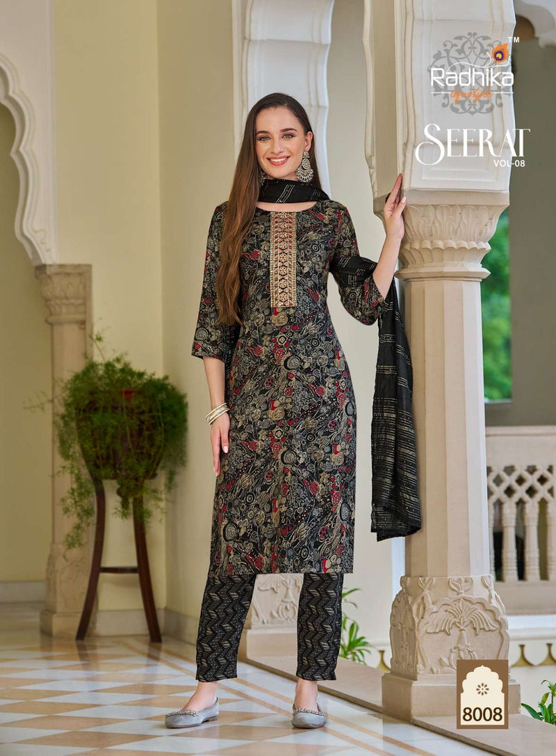 Radhika Lifestyle Seerat Vol 8 Rayon Foil Print Casual Wear Kurti Pant Dupatta Set