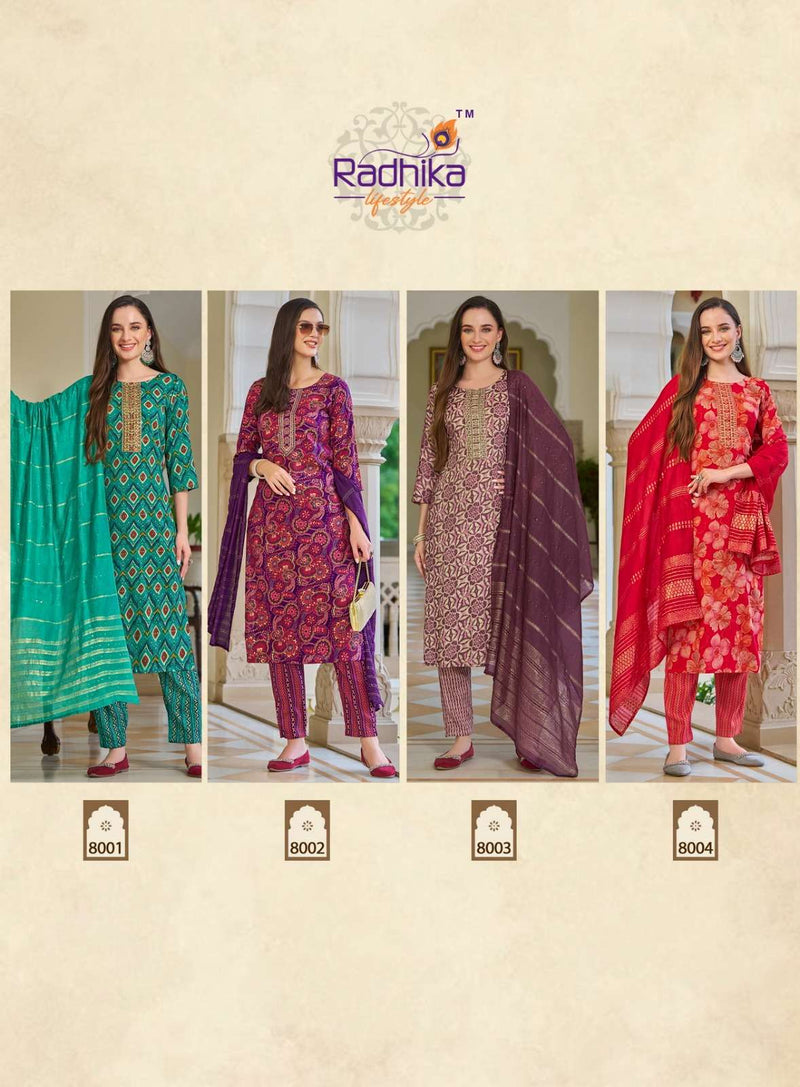 Radhika Lifestyle Seerat Vol 8 Rayon Foil Print Casual Wear Kurti Pant Dupatta Set