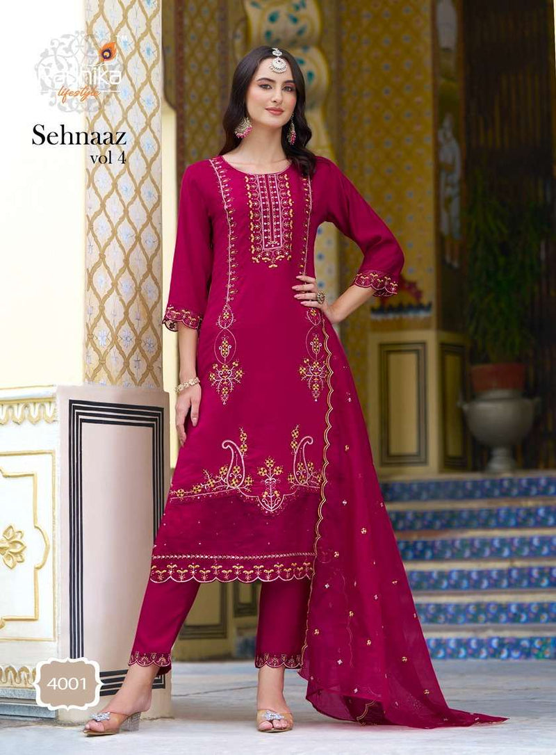 Radhika Lifestyle Sehnaz Vol 4 Silk Embroidery Work Fancy Kurti Pant Dupatta Set