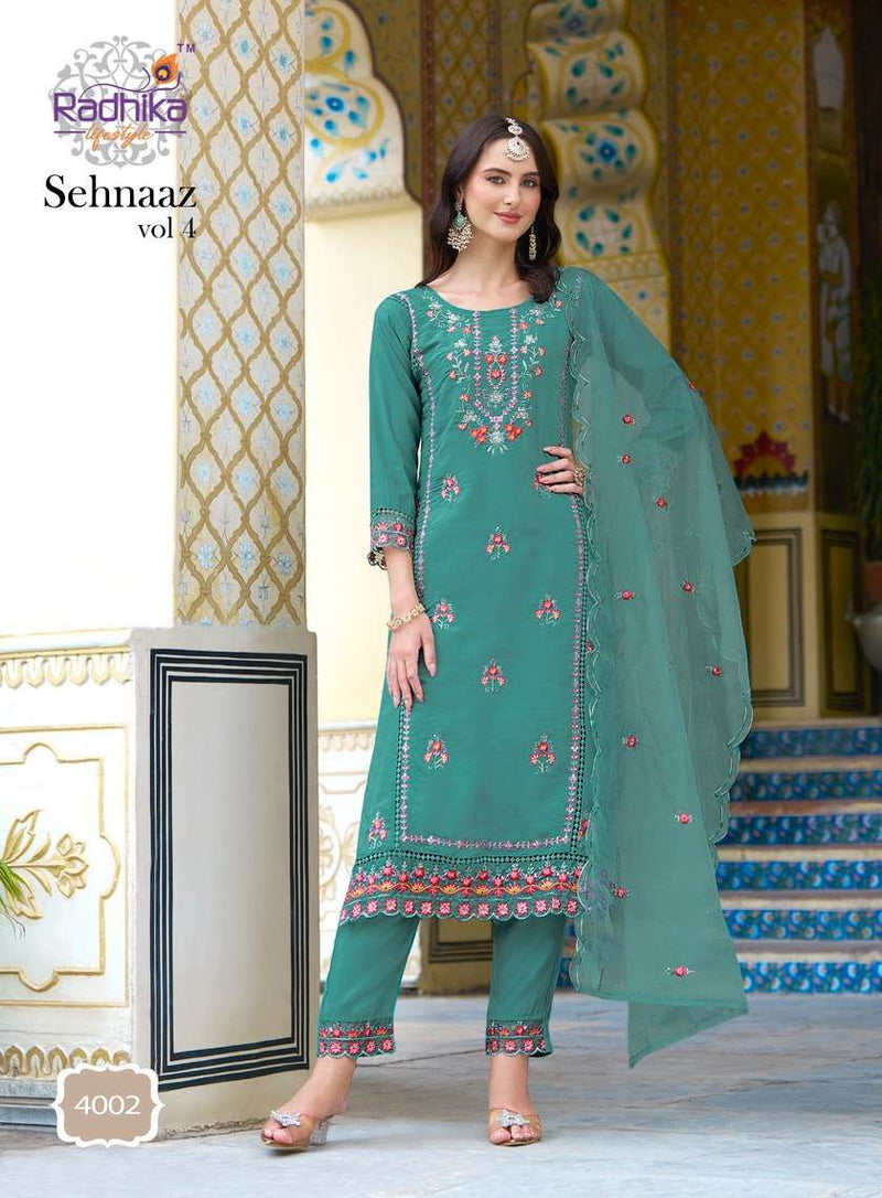 Radhika Lifestyle Sehnaz Vol 4 Silk Embroidery Work Fancy Kurti Pant Dupatta Set