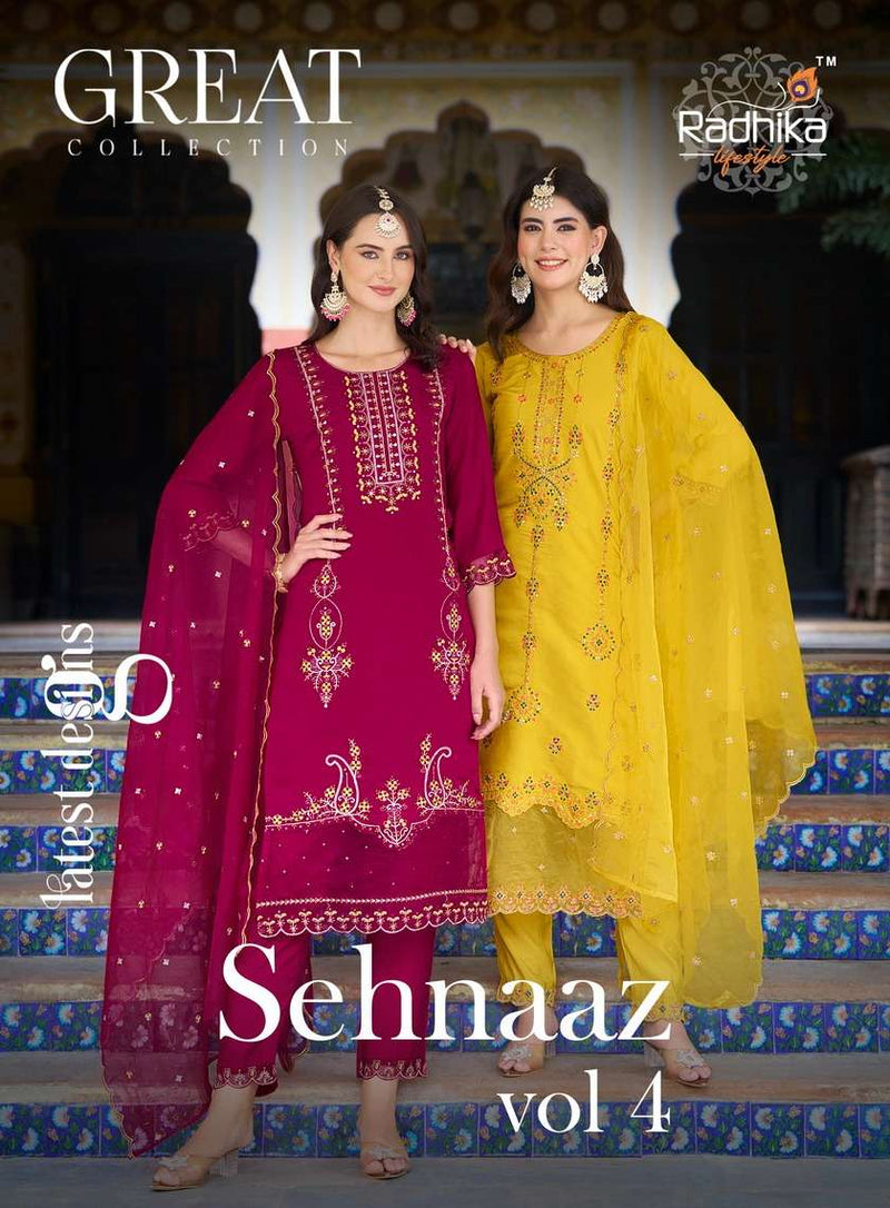 Radhika Lifestyle Sehnaz Vol 4 Silk Embroidery Work Fancy Kurti Pant Dupatta Set