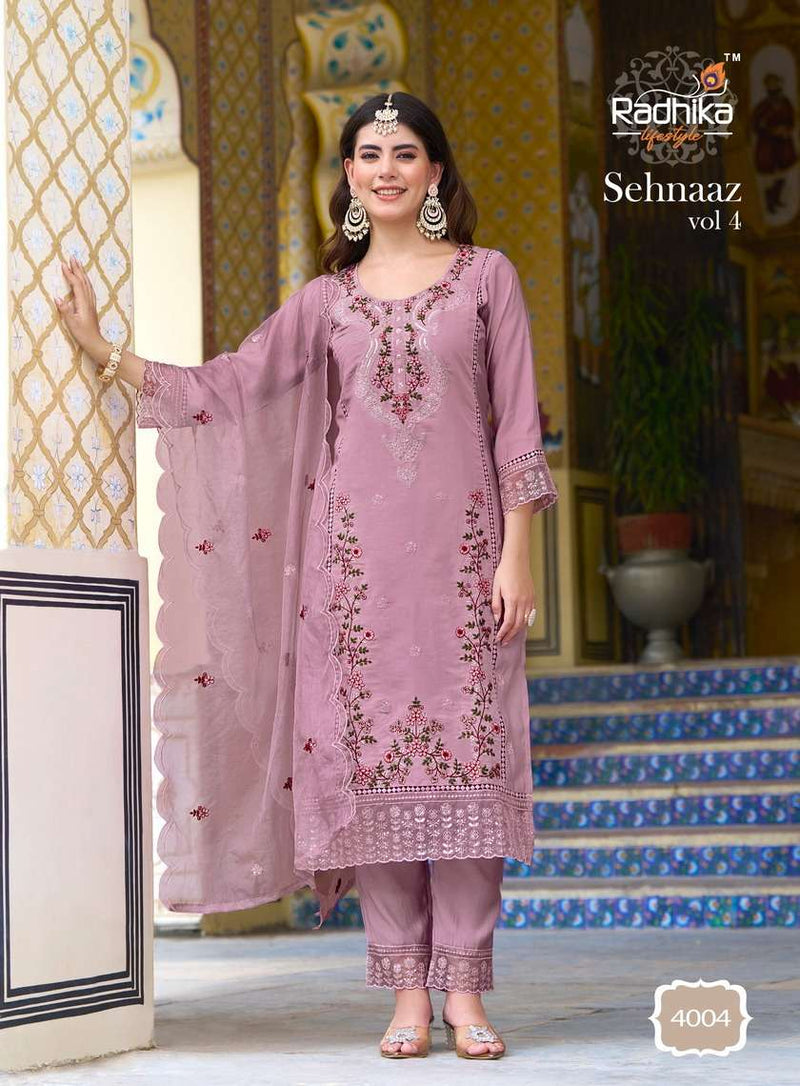 Radhika Lifestyle Sehnaz Vol 4 Silk Embroidery Work Fancy Kurti Pant Dupatta Set