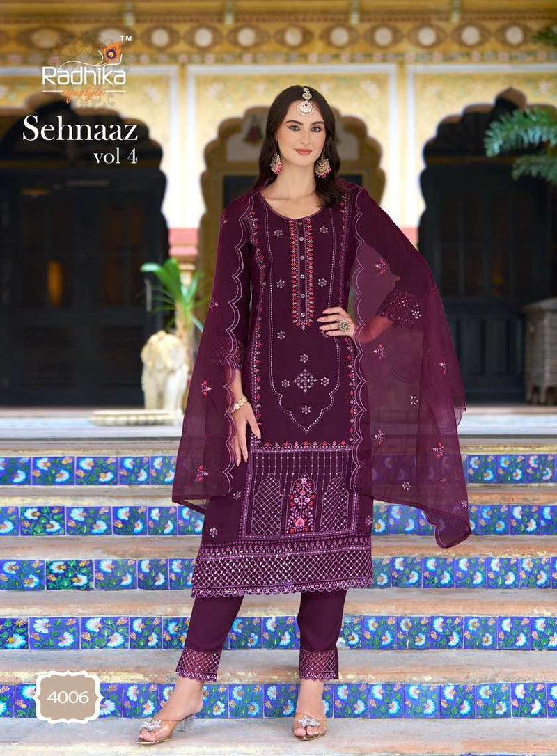 Radhika Lifestyle Sehnaz Vol 4 Silk Embroidery Work Fancy Kurti Pant Dupatta Set