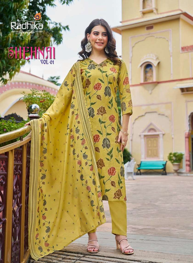 Radhika Lifestyle Shehnai Vol 1 Modal Silk Hand Work Kurti Pant Dupatta Set