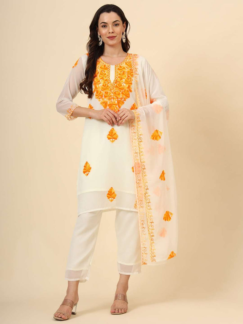 Rajlaxmi Lucknowi Touch Georgette Kurti Pant Dupatta Set