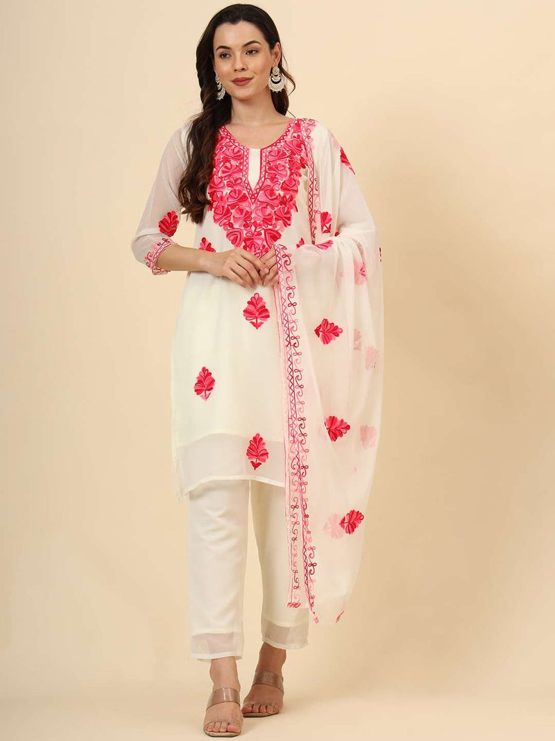 Rajlaxmi Lucknowi Touch Georgette Kurti Pant Dupatta Set