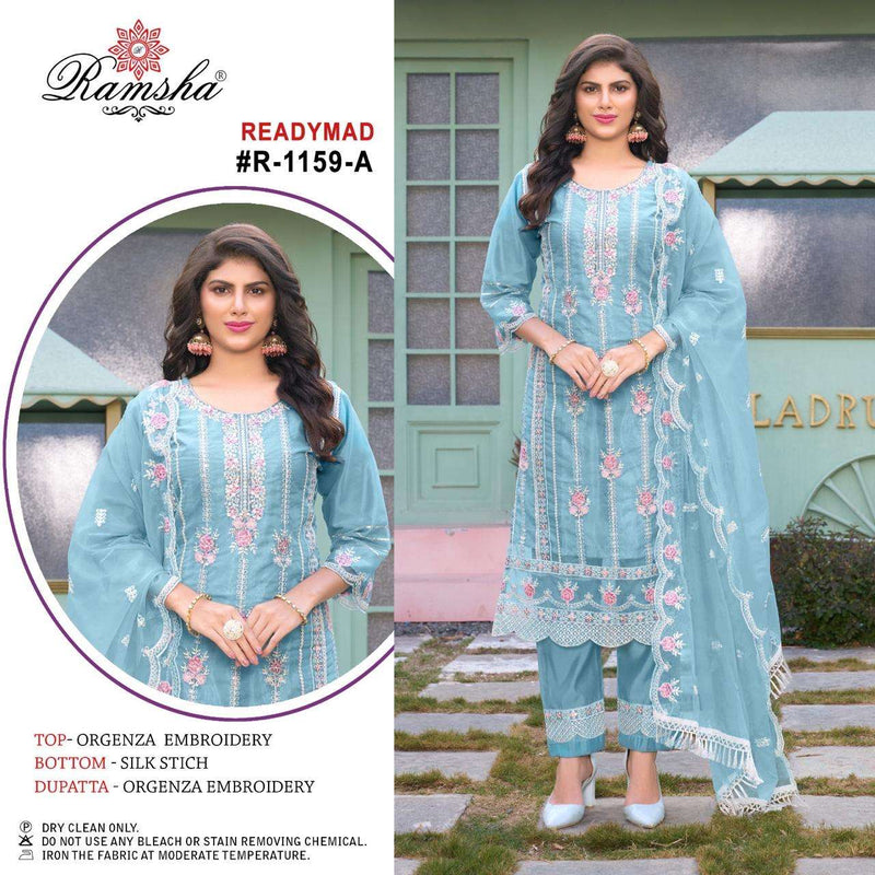 Ramsha R 1159 Organza Embroidery Pakistani Style Party Wear Pret Kurti Pant Dupatta Set