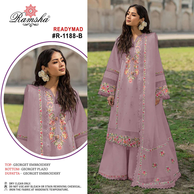 Ramsha R 1188 Georgette Embroidery Pakistani Style Fancy Pret Kurti Pant Dupatta Set