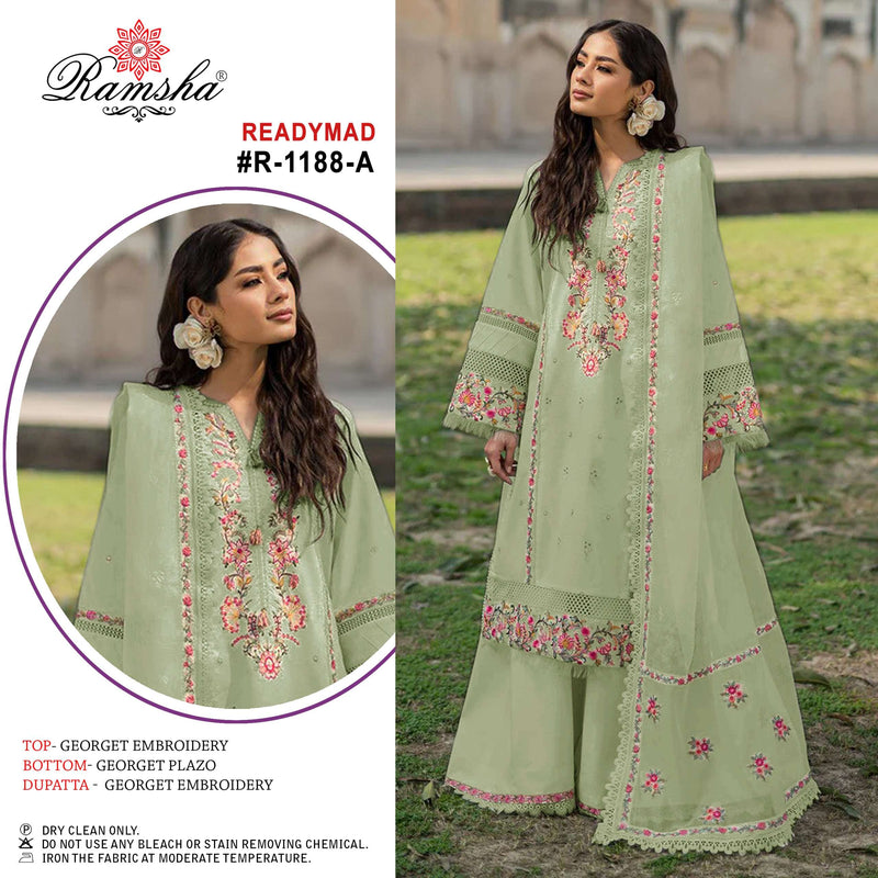 Ramsha R 1188 Georgette Embroidery Pakistani Style Fancy Pret Kurti Pant Dupatta Set