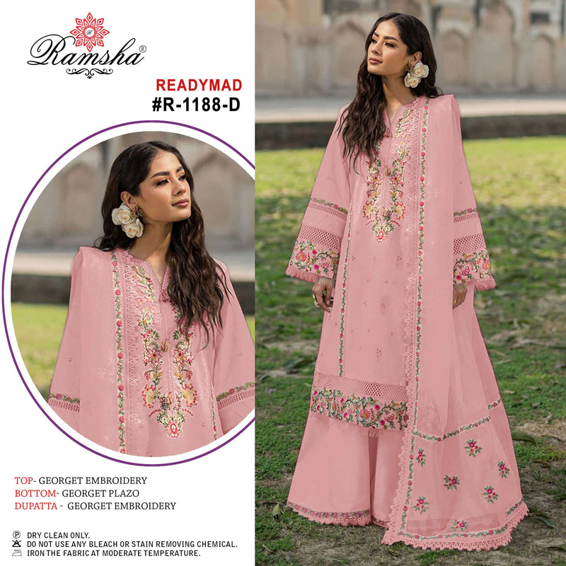 Ramsha R 1188 Georgette Embroidery Pakistani Style Fancy Pret Kurti Pant Dupatta Set